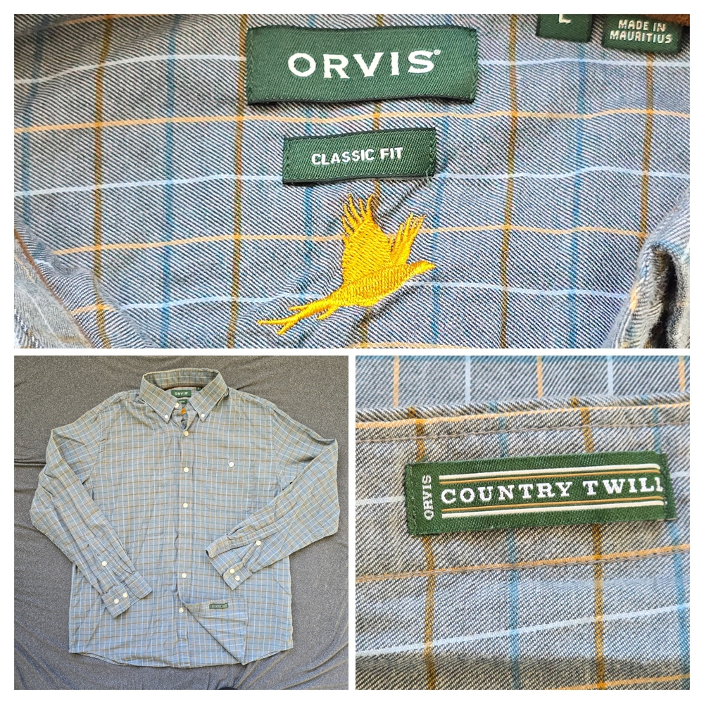 Orvis Country Twill Shirt Mens Size Large Blue Gray Tattersall Plaid Long Sleeve